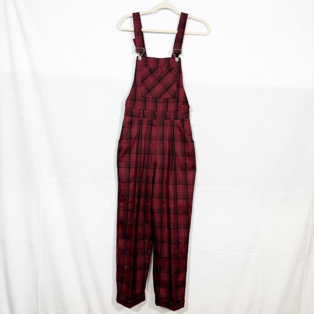 Disturbia Ferreira Mom Dungarees Buffalo Plaid Overalls Goth Grunge Punk Red - Picture 2 of 14